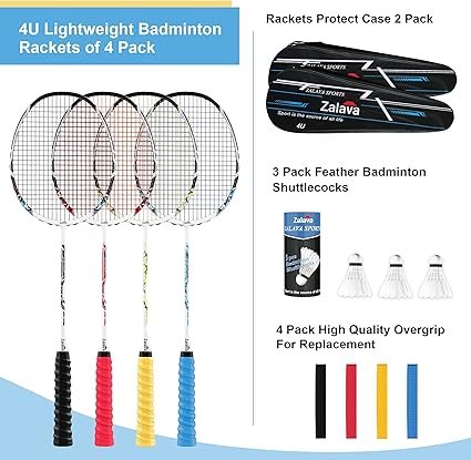 Badminton Racquets Set Professional Badminton Rackets Lightweight4 Pack2 Pack Carbon Fiber 3 Feather Shuttlecocks with Protect Case Overgripfor BeginnersAdvanced Players